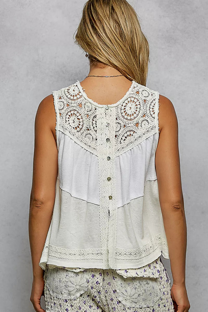 POL Round Neck Sleeveless Top with Crochet Contrast on Simply Obsessed