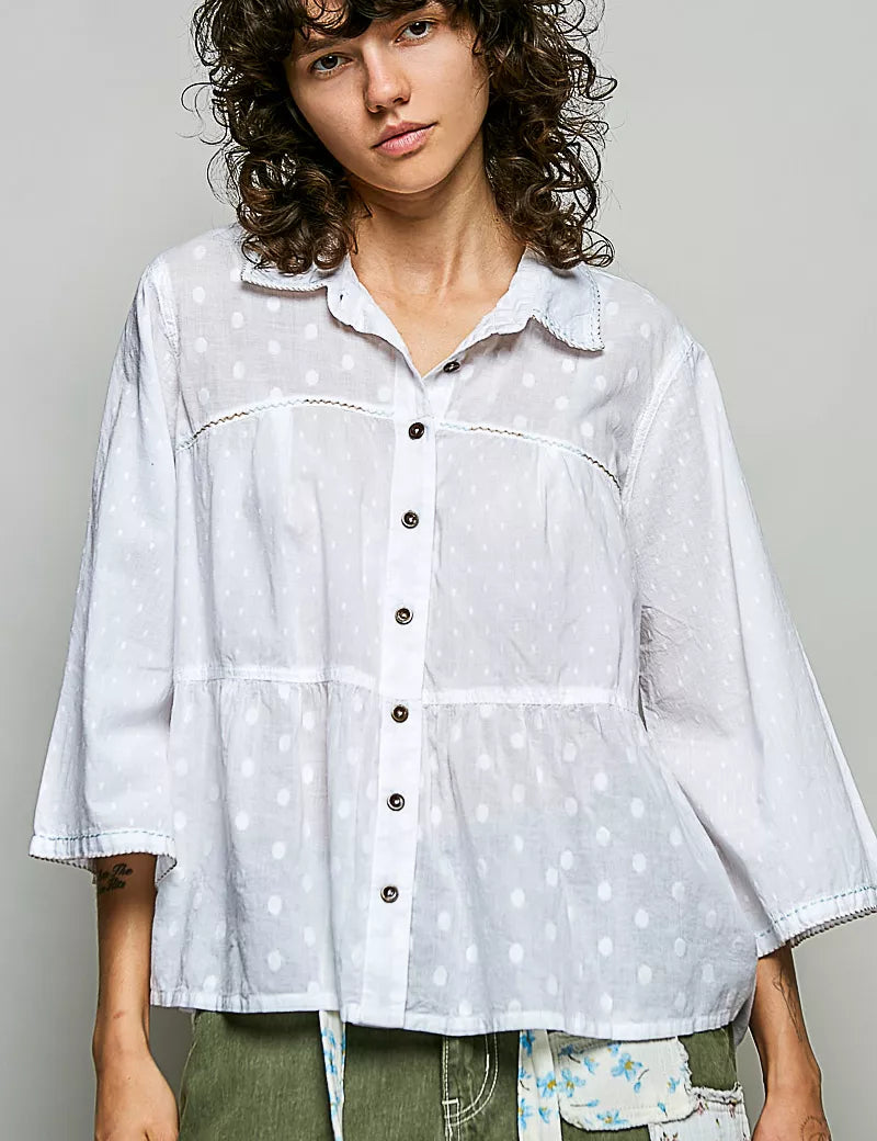 POL Tonal Dot Weave Textured Button Front Shirt on Simply Obsessed
