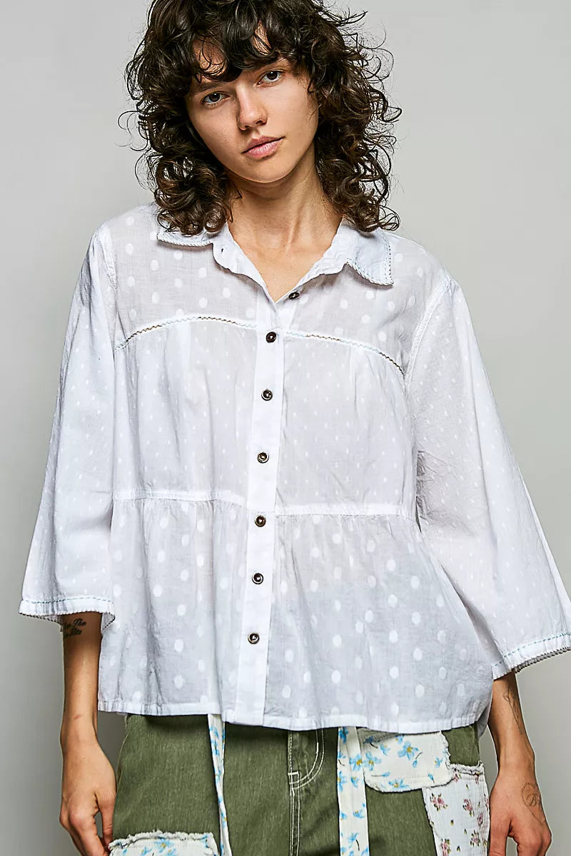 POL Tonal Dot Weave Textured Button Front Shirt on Simply Obsessed
