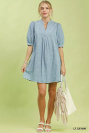 UMGEE Print Denim Dress with Contrast Stitch on Simply Obsessed