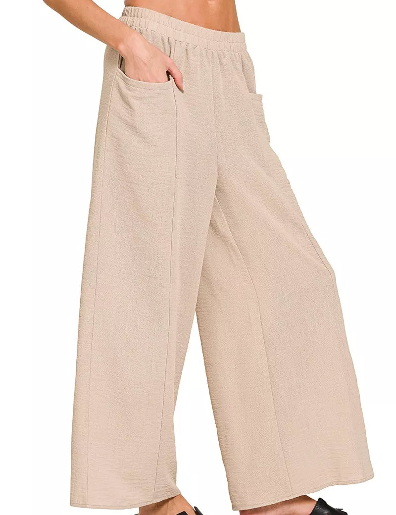 Zenana Woven Airflow Elastic Waistband Pants on Simply Obsessed