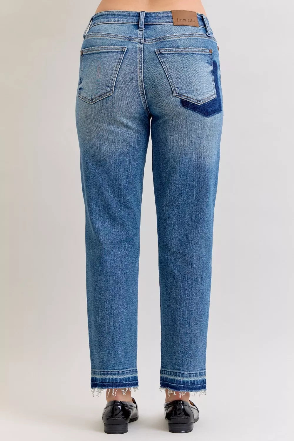 JUDY BLUE Full Size Mid Rise Bf Patch & Repair Destroy Release Hem Jeans Plus Size on Simply Obsessed