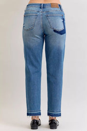 JUDY BLUE Full Size Mid Rise Bf Patch & Repair Destroy Release Hem Jeans Plus Size on Simply Obsessed