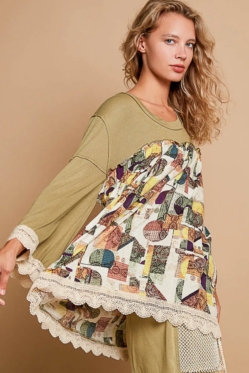 POL Bohemian Geometric Print Long Sleeve Top with Lace Trim on Simply Obsessed