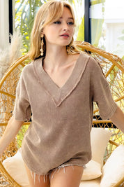 BiBi Mineral Washed V-Neck Cut Edge Detail Top on Simply Obsessed
