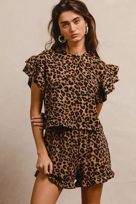 BIBI Leopard Print Waffle Texture Layered Ruffle Sleeve Top and Shorts Set on Simply Obsessed