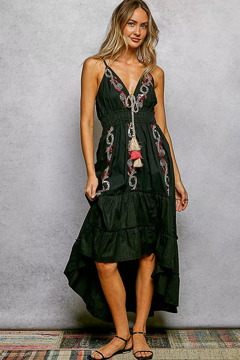 POL Embroidered Detail Tassel Tie Smocked Waist Midi Tiered Cami Dress on Simply Obsessed