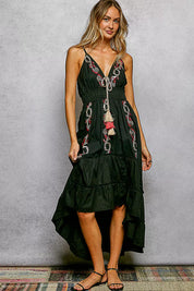 POL Embroidered Detail Tassel Tie Smocked Waist Midi Tiered Cami Dress on Simply Obsessed