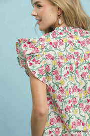 UMGEE Floral Print Ruffle Cap Sleeve Shirt **DEBUT SALE** on Simply Obsessed