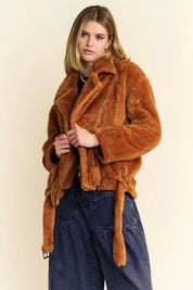 DAVI & DANI Fuzzy Zip Up Collared Neck Jacket on Simply Obsessed