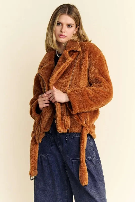 DAVI & DANI Fuzzy Zip Up Collared Neck Jacket on Simply Obsessed