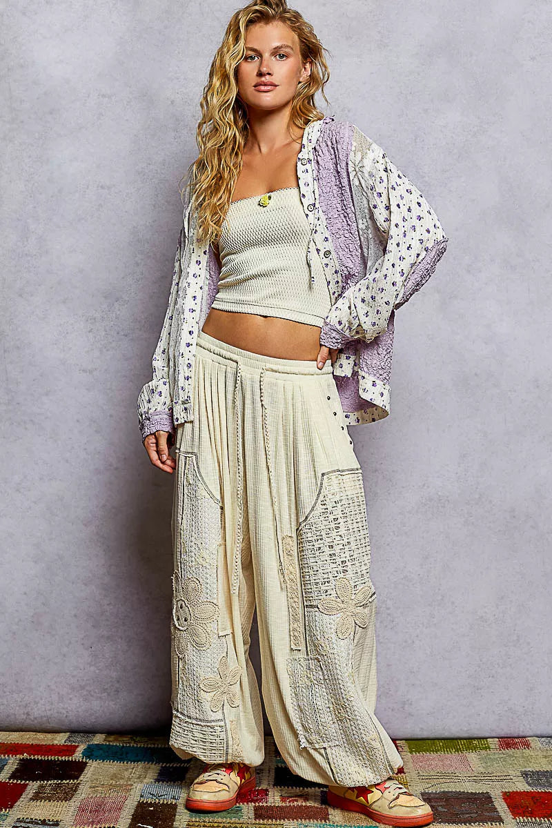 POL Floral Balloon Sleeve Hooded Lace Jacket with Stitch Detail on Simply Obsessed