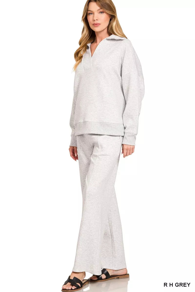 ZENANA Scuba Collared Pullover and Pants Set on Simply Obsessed
