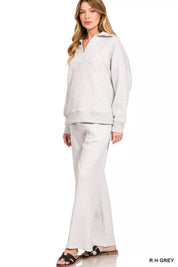 ZENANA Scuba Collared Pullover and Pants Set on Simply Obsessed
