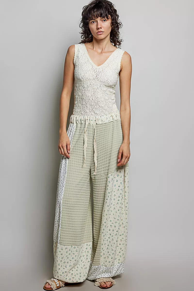 POL Patchwork Mixed Knit Wide Leg Pants on Simply Obsessed