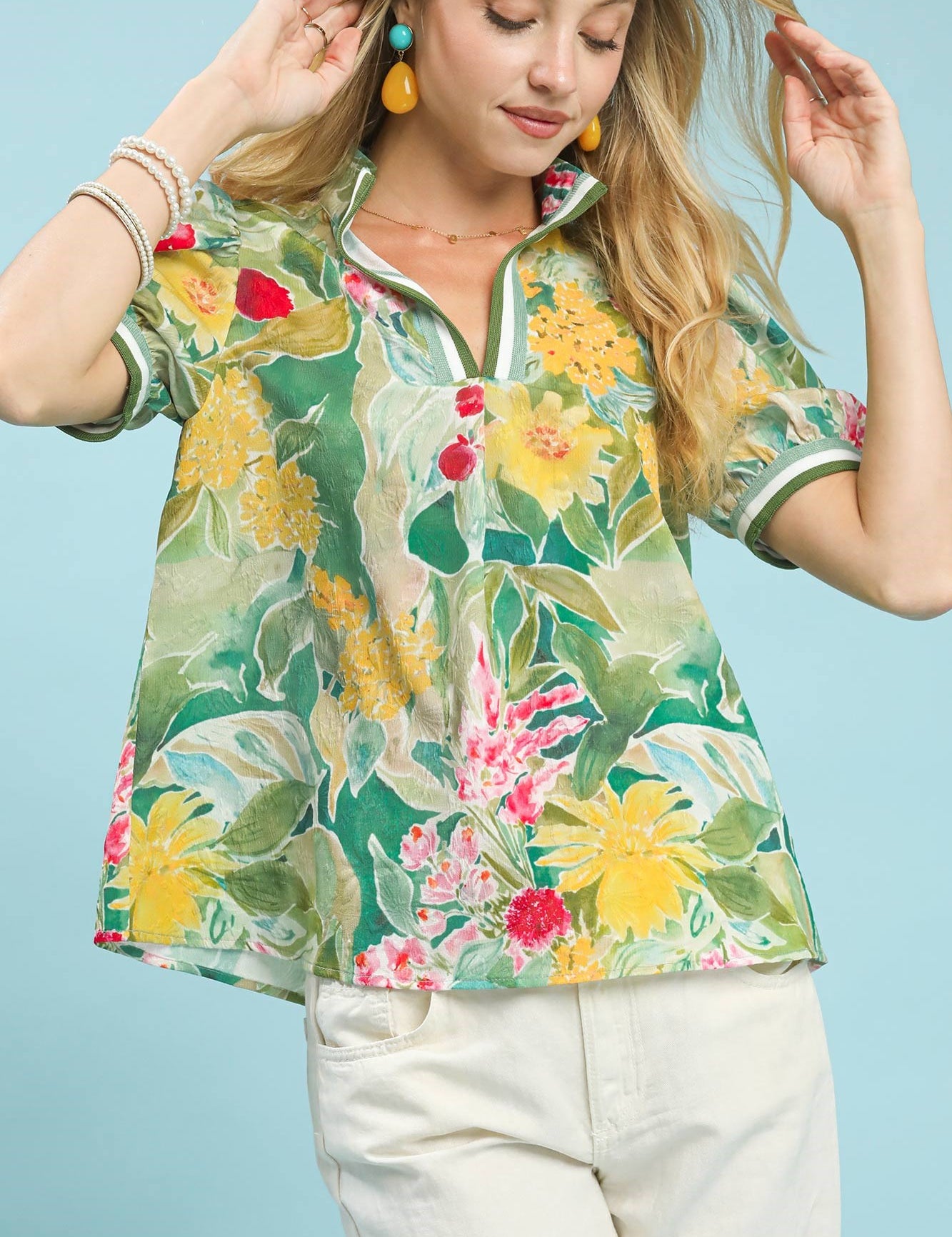 UMGEE Jacquard Bloomscape Print Top on Simply Obsessed