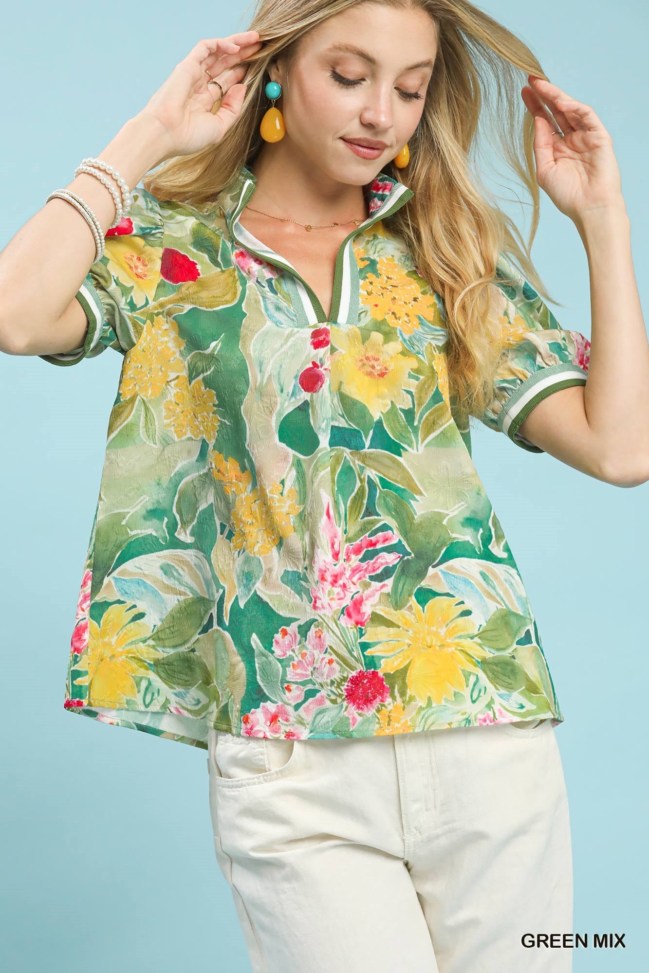 UMGEE Jacquard Bloomscape Print Top on Simply Obsessed