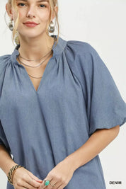 UMGEE Chambray Scallop Hem Puff Sleeve Top on Simply Obsessed