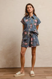 BiBi Floral Printed Denim Short Pants With Pocket on Simply Obsessed