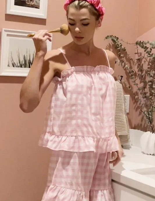 Lime 'N' Chili Gingham Ruffle Trim Cami and Shorts Pajama Set on Simply Obsessed
