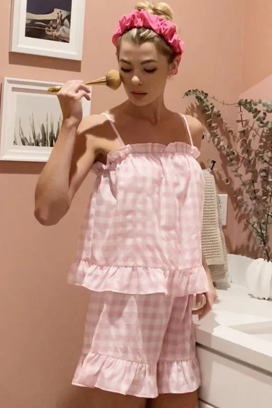 Lime 'N' Chili Gingham Ruffle Trim Cami and Shorts Pajama Set on Simply Obsessed