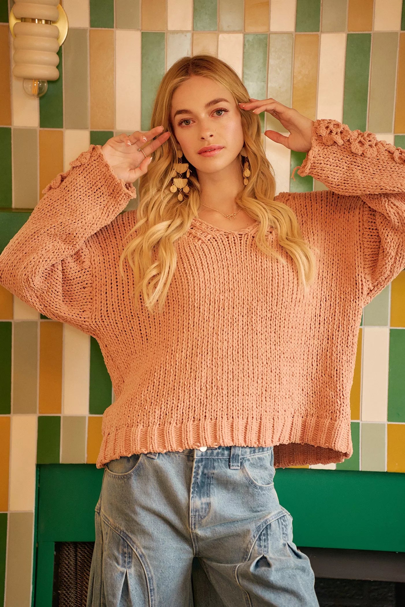 BiBi Chunky Knit Sweater with Flower Detail Sleeves on Simply Obsessed