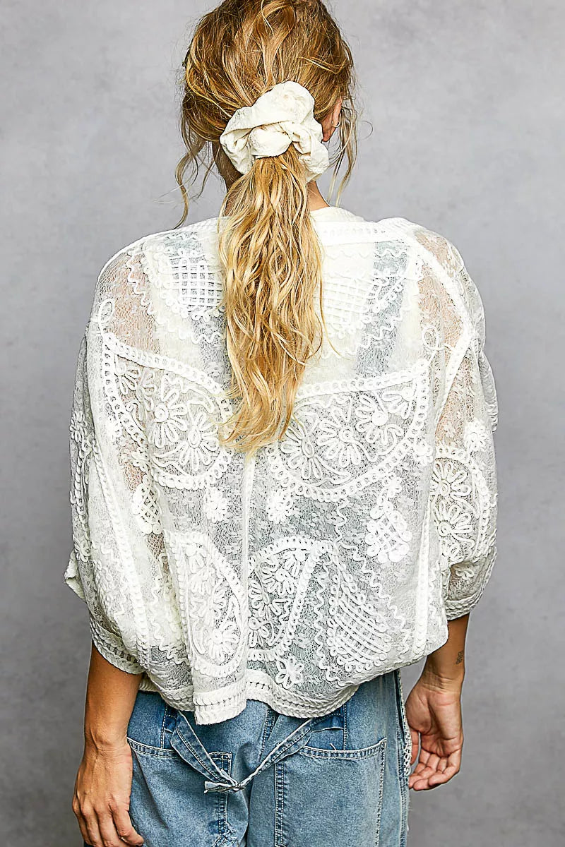 POL Open Front Crochet Cardigan with Floral Embroidery on Simply Obsessed
