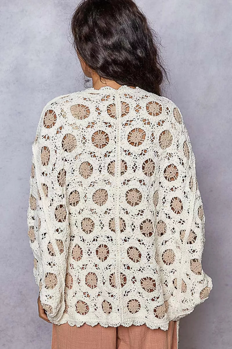 POL Openwork V-Neck Chenille Cardigan with Contrast Floral on Simply Obsessed