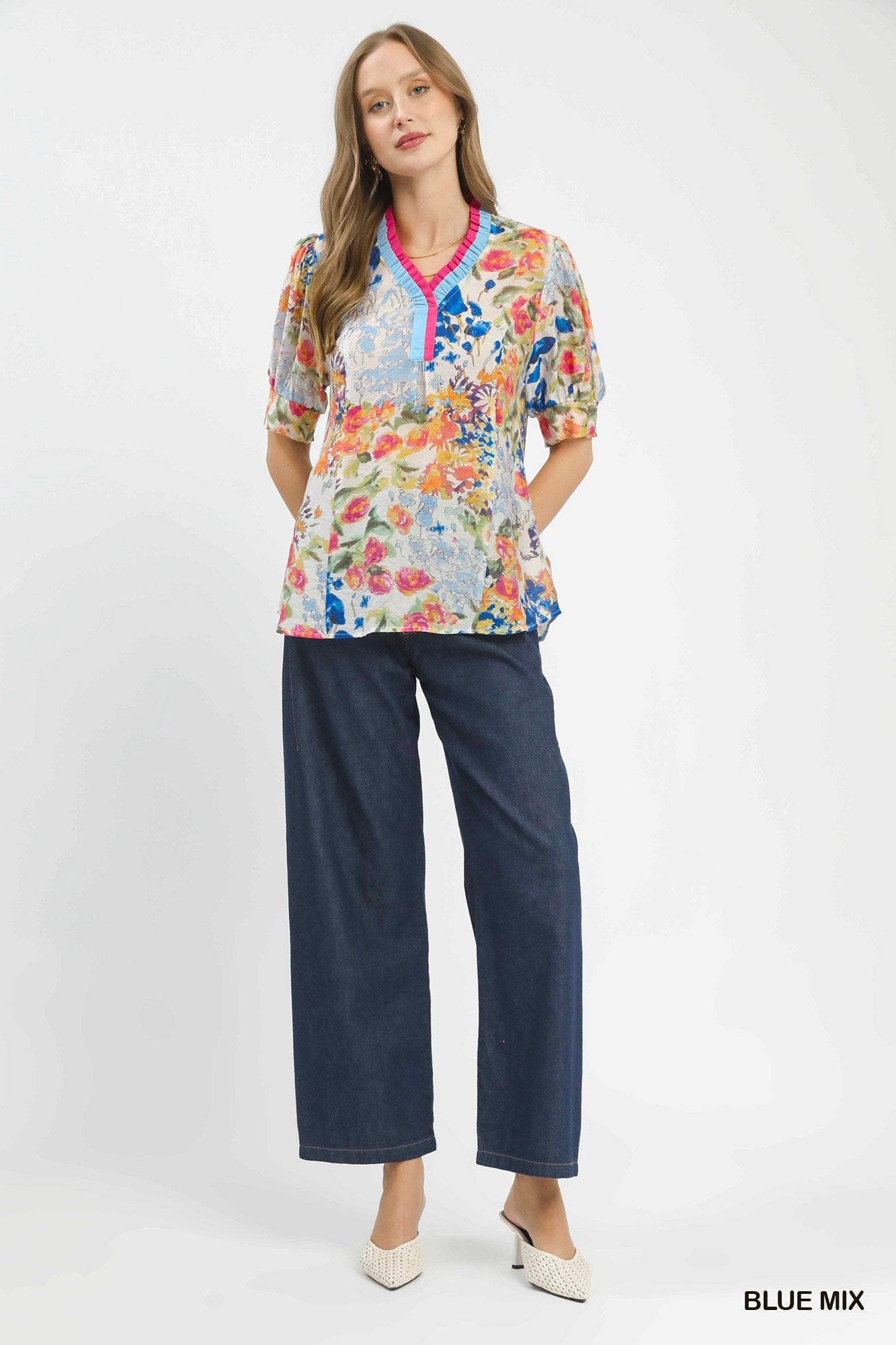 UMGEE Floral Contrast Pleat Neck Top **DEBUT SALE** on Simply Obsessed