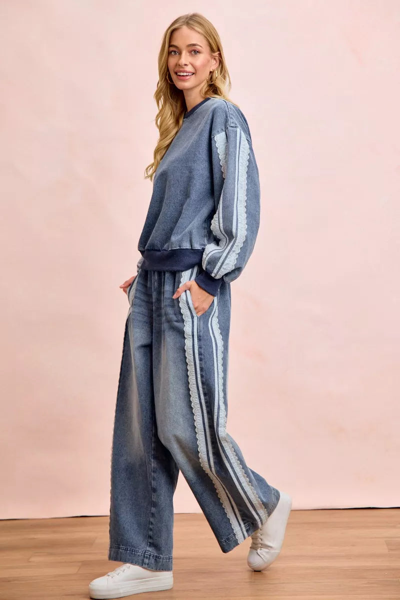 BIBI Washed Denim Lace Contrast Sided Sweatshirt **FALL DEBUT SALE** on Simply Obsessed