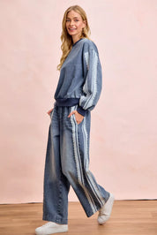 BIBI Washed Denim Lace Contrast Sided Sweatshirt **FALL DEBUT SALE** on Simply Obsessed