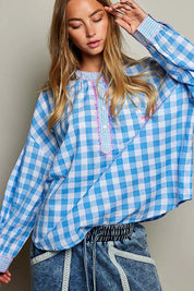 POL Gingham Embroidered Palm Tree Blouse on Simply Obsessed