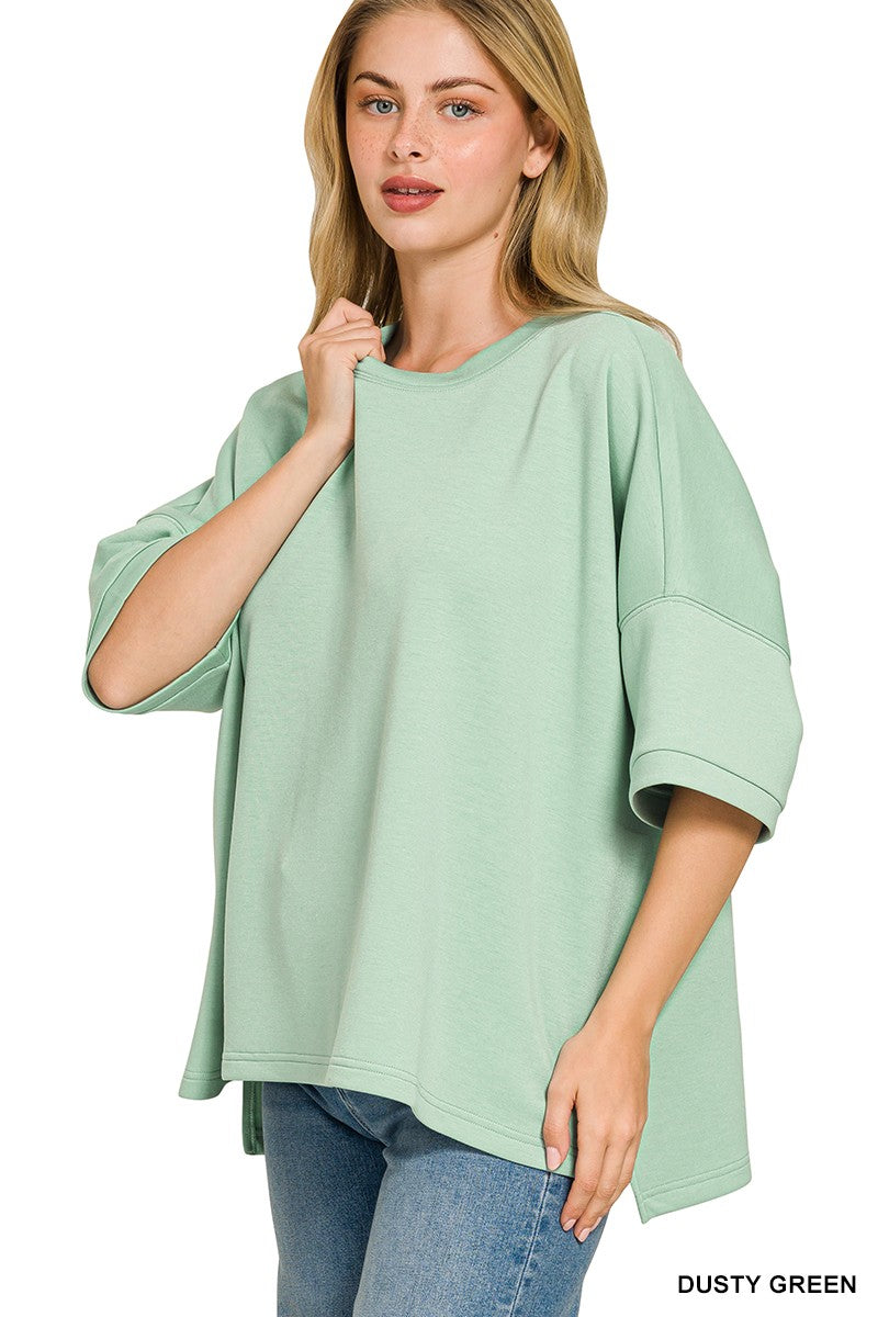 ZENANA Full Size Scuba Round Neck Top With Side Slits Plus Size on Simply Obsessed
