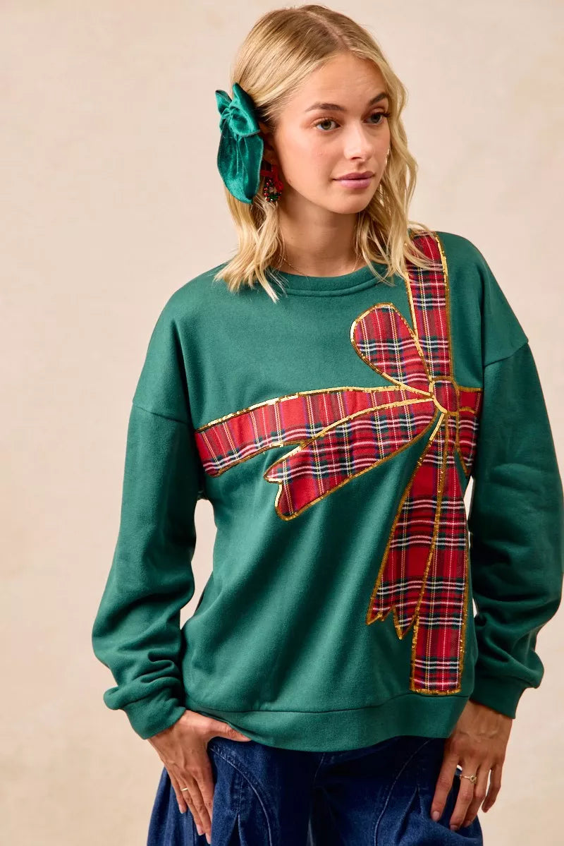 BIBI Plaid Ribbon Bow Detail Christmas Fleece Pullover on Simply Obsessed