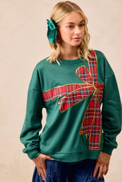 BIBI Plaid Ribbon Bow Detail Christmas Fleece Pullover on Simply Obsessed