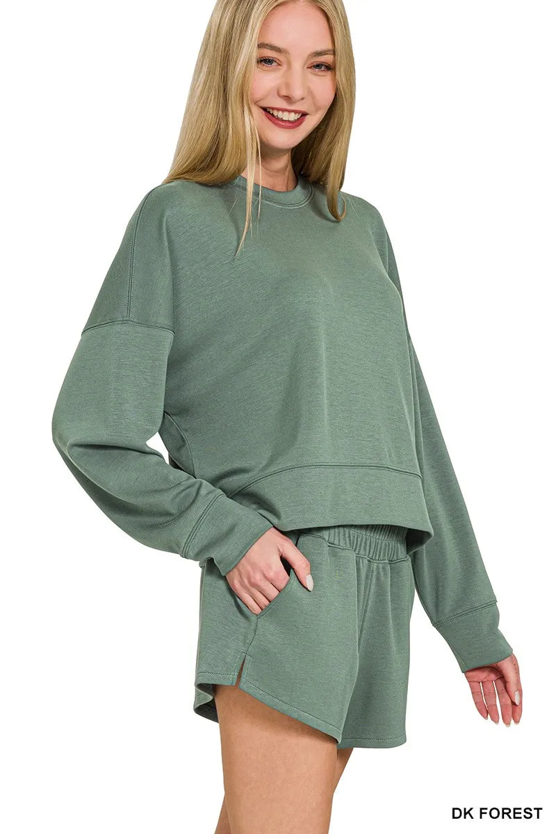 ZENANA Scuba Long Sleeve Sweatshirts & Shorts Set on Simply Obsessed
