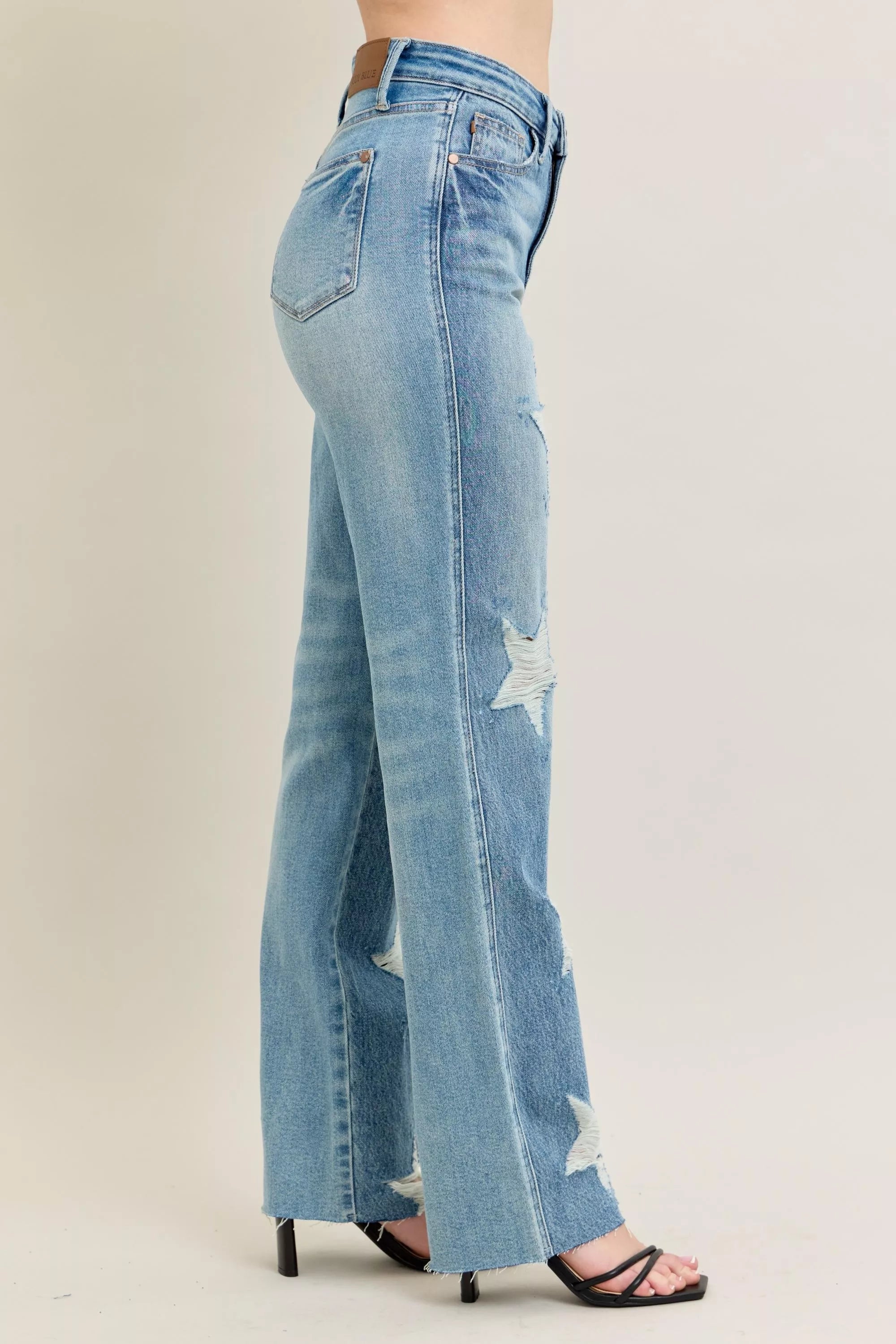 JUDY BLUE Full Size High Waist Rigid Magic Star Shaped Destroy 90's Straight Jeans Plus Size on Simply Obsessed