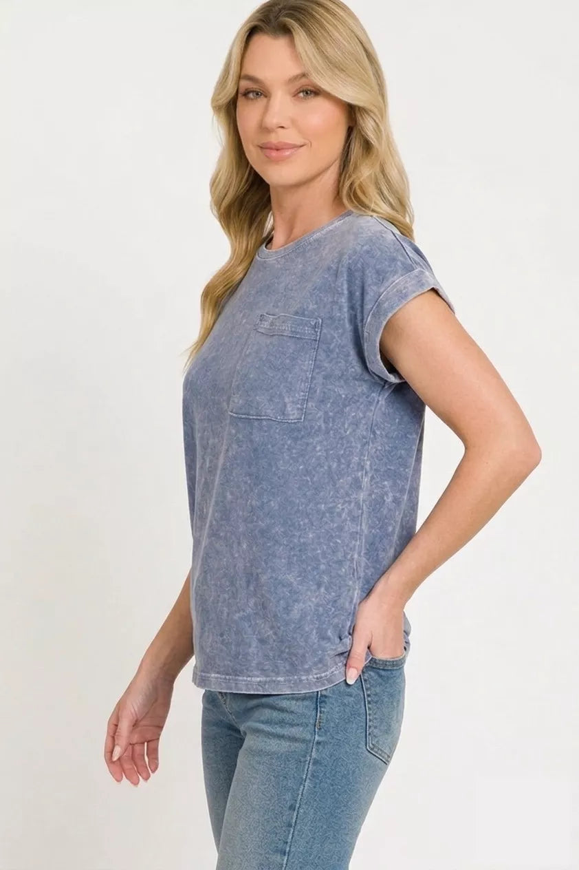 ZENANA Halo Snow Washed Cuffed Short Sleeve Tee on Simply Obsessed