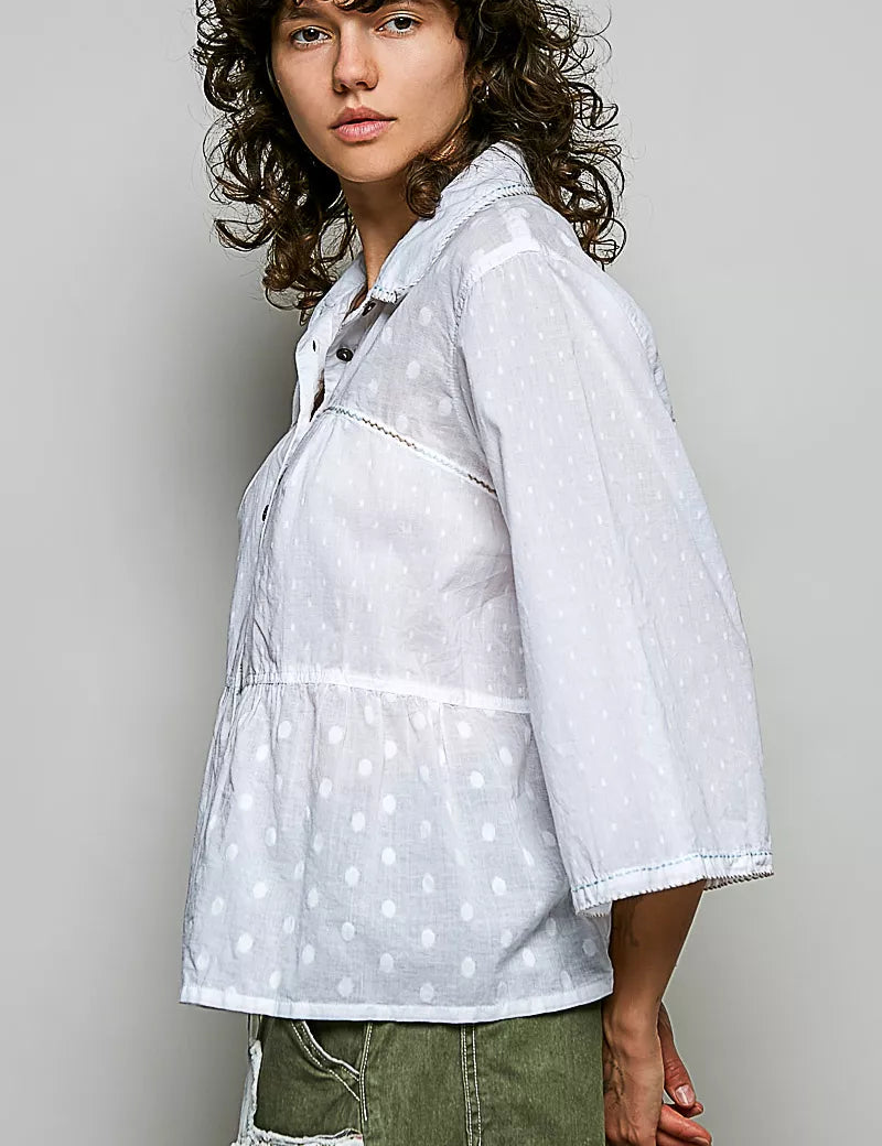 POL Tonal Dot Weave Textured Button Front Shirt on Simply Obsessed