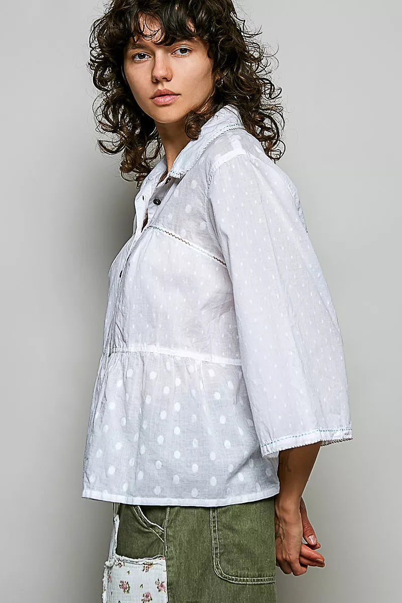 POL Tonal Dot Weave Textured Button Front Shirt on Simply Obsessed