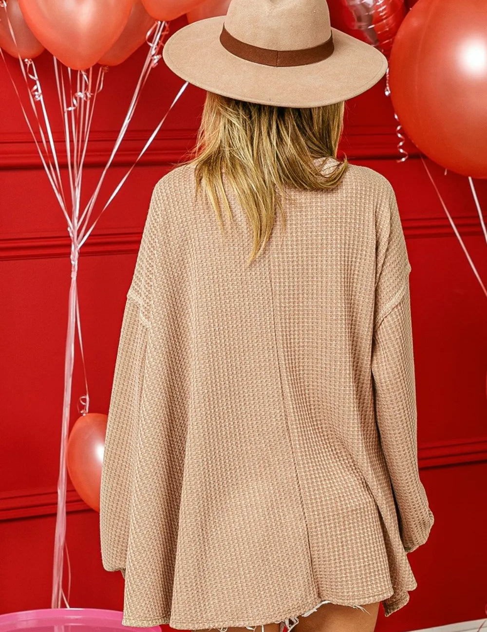 BiBi V-Neck Waffle Uneven Hem Top on Simply Obsessed
