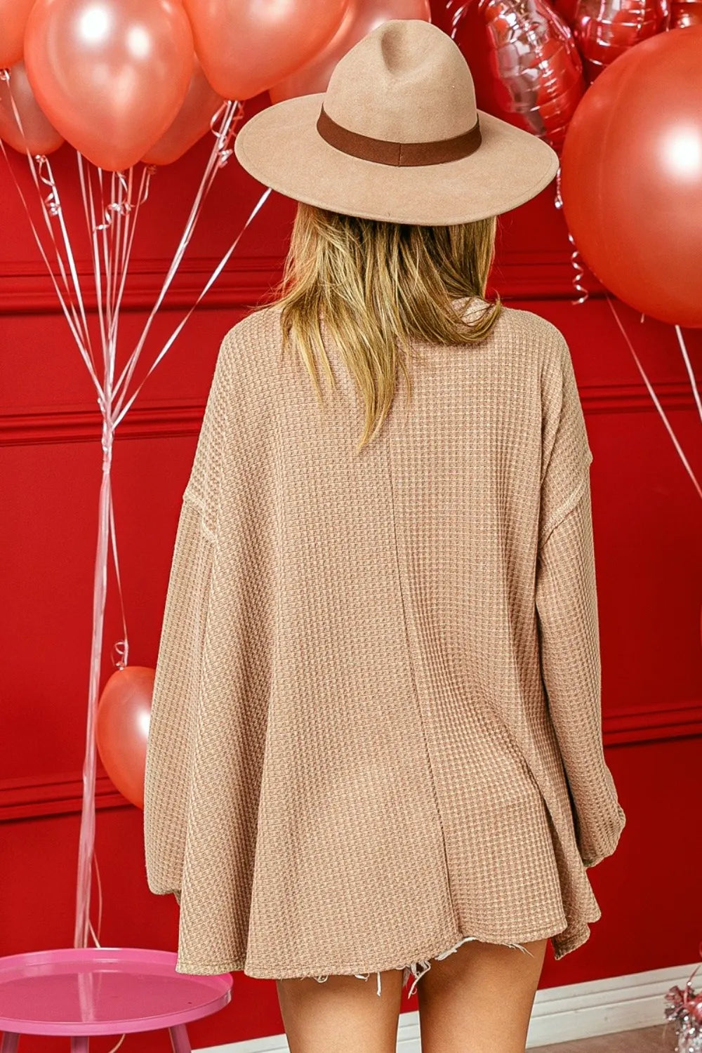 BiBi V-Neck Waffle Uneven Hem Top on Simply Obsessed
