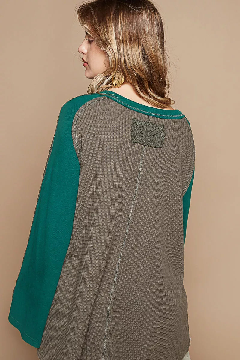 POL Scoop Neck Contrast Long Sleeve Top with Lace Detail on Simply Obsessed