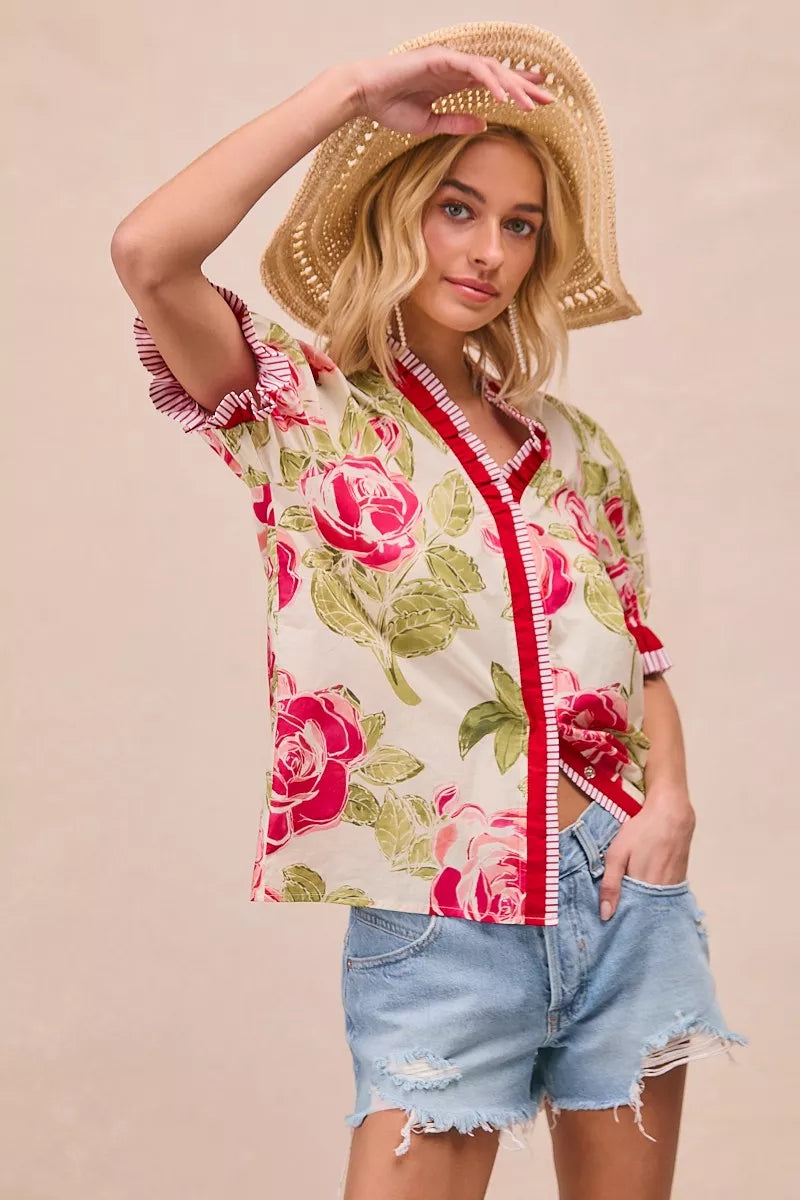BiBi Floral Printed Woven Contrast Edge Ruffled Blouse on Simply Obsessed