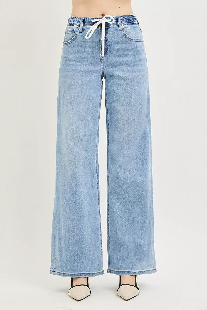 RISEN Elastic Band Slouchy Wide Jeans with Drawstring on Simply Obsessed