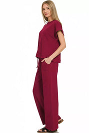 ZENANA Cotton Slub Short Sleeve Tee and Pants Set on Simply Obsessed