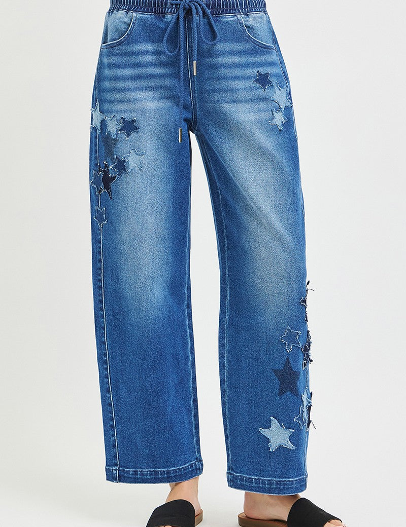 RISEN Elastic Band Slouchy Cropped Barrel with Star Patch on Simply Obsessed
