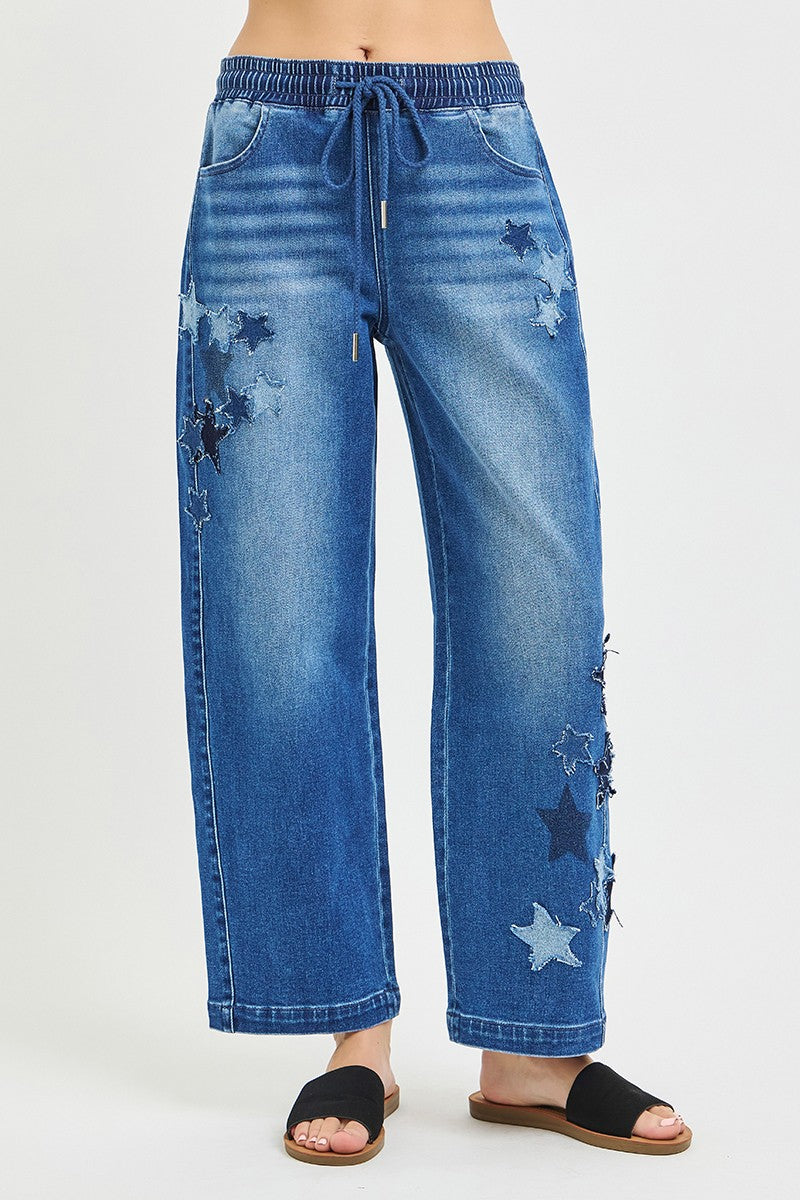 RISEN Elastic Band Slouchy Cropped Barrel with Star Patch on Simply Obsessed
