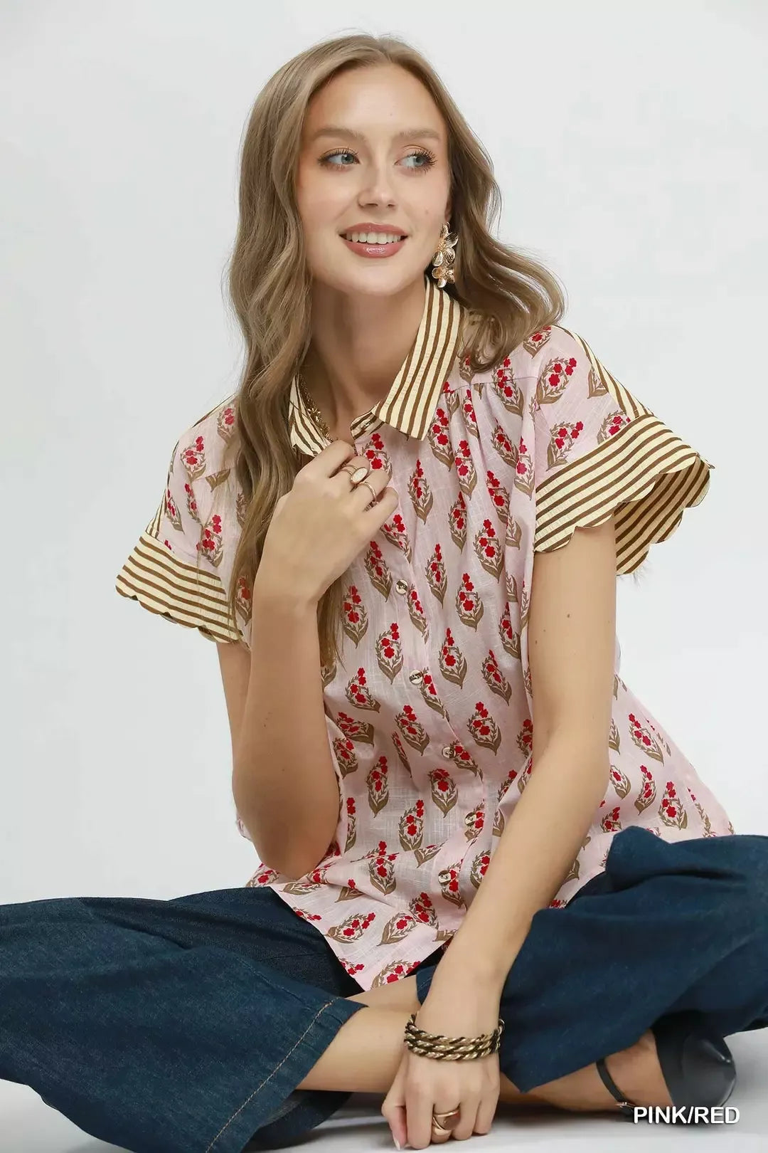 UMGEE Block Print Button-Front Shirt with Contrast Stripe Point Collar on Simply Obsessed