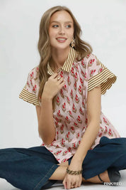 UMGEE Block Print Button-Front Shirt with Contrast Stripe Point Collar on Simply Obsessed